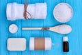 Bathroom towel with sea salt and soap flat lay top view. Royalty Free Stock Photo