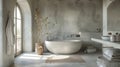 The bathroom is transformed into a spalike oasis with polished plaster covering the walls. The light gray hue with a Royalty Free Stock Photo