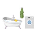 Bathroom, washing machine and towel, vector illustration, isolated on white background. Taking a shower, bathing, powder