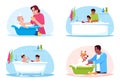 Bathroom washing semi flat RGB color vector illustration set