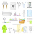 Bathroom or Washroom with Bathtub, Wash Basin and Mirror with Objects for Personal Hygiene Big Vector Set Royalty Free Stock Photo