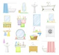 Bathroom or Washroom with Bathtub, Wash Basin and Mirror with Objects for Personal Hygiene Big Vector Set Royalty Free Stock Photo