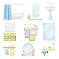 Bathroom or Washroom with Bathtub, Wash Basin and Mirror with Objects for Personal Hygiene Vector Set Royalty Free Stock Photo