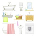 Bathroom or Washroom with Bathtub, Wash Basin and Mirror with Objects for Personal Hygiene Vector Set Royalty Free Stock Photo