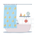 Bathroom or Washroom Interior with Bathtub and Shower Curtain Vector Illustration