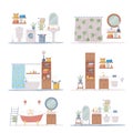 Bathroom or Washroom Interior with Bathtub, Wash Basin and Mirror with Objects for Personal Hygiene Vector Set Royalty Free Stock Photo