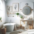 A bathroom with a white and black tiled wall, a large mirror, a sink, a bathtub Royalty Free Stock Photo