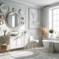 A bathroom with a white and black tiled wall, a large mirror, a sink, a bathtub Royalty Free Stock Photo