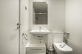 Bathroom with white porcelain hanging sink, large frameless mirror,
