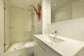 Bathroom with white porcelain sink above drawer cabinet, frameless mirror on the wall, and glass-enclosed shower stall Royalty Free Stock Photo