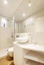 Bathroom with white wood cabinets, white porcelain hemispherical sink, large built-in mirror, and glass-enclosed shower stall