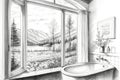 bathroom with window overlooking scenic landscape, pencil sketch of nature and peaceful setting