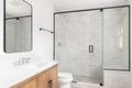 A bathroom with a wood cabinet and subway tile shower. Royalty Free Stock Photo