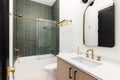 A bathroom with gold accents and a shower with green subway tiles. Royalty Free Stock Photo