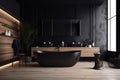 bathtub black wood furniture luxury home modern nobody bathroom design interior. Generative AI. Royalty Free Stock Photo