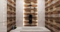 Bathroom wooden tile and granite tile design with tub and a shower. 3D rendering