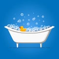 Bathtime vector illustration with bathtub and yellow rubber duck. Bubble water foam in bath and toy. Cartoon flat