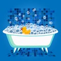 Bathtime vector illustration with bathtub and yellow rubber duck. Bubble water foam in bath and toy. Cartoon flat