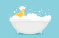 Bathtime vector illustration with soap foam and yellow rubber duck