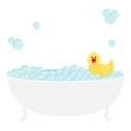 Bathtub bath tube soap foam bubble icon. Bathroom interior. Cute yellow rubber duck toy. Kawaii animal. Relax spa. Flat design.