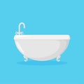 Bathtub for bathroom with faucet. Side view of white ellipse tub with tap isolated in blue background. Vector