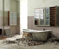 a bathtub in a dilapidated abandoned room