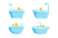 Bathtub with faucet and shower equipment. Set of different tubs with rubber ducks, bubbles and suds isolated on white