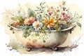 Bathtub filled with fresh flowers, rustic and romantic illustration