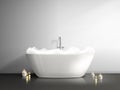 Bathtub with foam. Realistic bath tub bubble in bathroom interior, romantic candles, bubbly bathed bathr home basin or