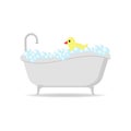 Bathtub full of soap foam bubbles with yellow rubber duck in a cartoon flat style Royalty Free Stock Photo