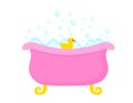 Bathtub full of soap foam bubbles with yellow rubber duck in a cartoon flat style. vector illustration Royalty Free Stock Photo