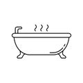 Bathtub on legs. Linear icon of take hot bath. Black simple illustration of relaxation in bathroom, ceramic sanitary ware. Contour