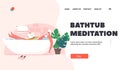 Bathtub Meditation Landing Page Template. Woman Relaxing in Tub Reading Book with Coffee Cup in Hands. Beauty Procedure Royalty Free Stock Photo