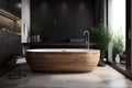 design luxury wood bathroom minimalist black home bathtub modern furniture interior. Generative AI. Royalty Free Stock Photo