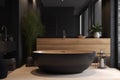 wood bathroom furniture modern window bathtub luxury home interior black design. Generative AI. Royalty Free Stock Photo