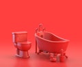 Bathtub and toilet closet in red background, monochrome single color red 3d Icon, 3d rendering