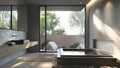 Bathtub and sink on counter in zen like minimalist bathroom