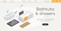 Bathtubs and showers - line design style isometric web banner