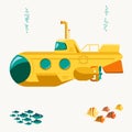 Bathyscaphe cartoon, Yellow Submarine sea research transport. Vector