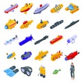 Bathyscaphe icons set, isometric style