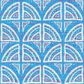 Batik paint effect scallop damask pattern. Naive doodle dome shapes in folk style on watercolor canvas texture. Blue