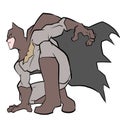 Batman standing ready to action and bitting some bad guy in gotham city