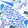 Batomorphi sea life, fish, animals bright seamless pattern. sea travel, snorkeling with animals, tropical fish