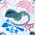 Batomorphi sea life, fish, animals bright seamless pattern. sea travel, snorkeling with animals, tropical fish