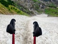 Batons for hiking. Preparing to go through the glacier Royalty Free Stock Photo