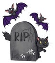 Bats and a cat behind the gravestone