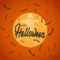 Bats fly against the full moon. On an orange background. Ghost and inscription. Halloween.