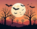 Bats fly over silhouetted trees against an orange full moon background Royalty Free Stock Photo
