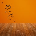 Bats flying made from wood on orange background. Empty interior room with wooden floor plank natural with pattern for design. Empt