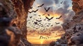 Bats flying sunset ocean cave Royalty Free Stock Photo